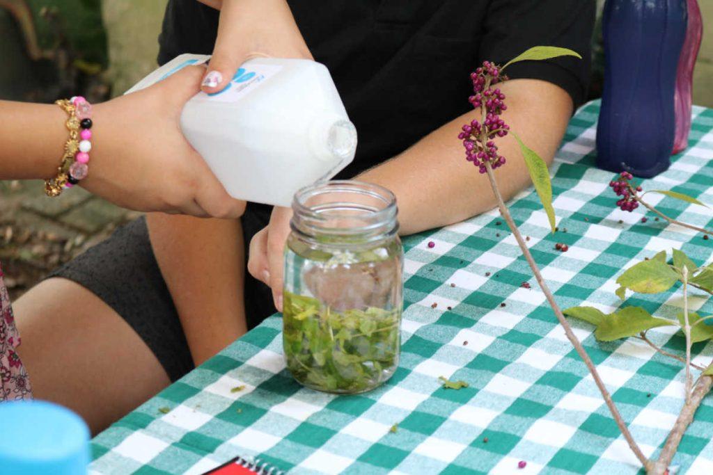 pouring alcohol into jars