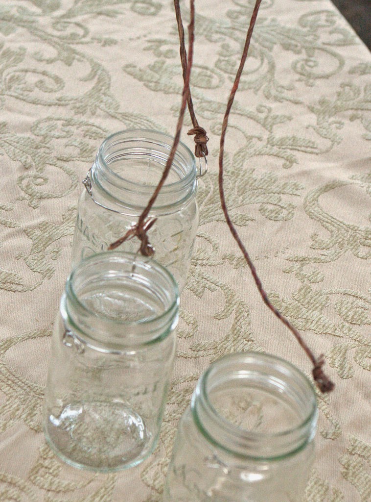 attaching wire and twine to mason jars