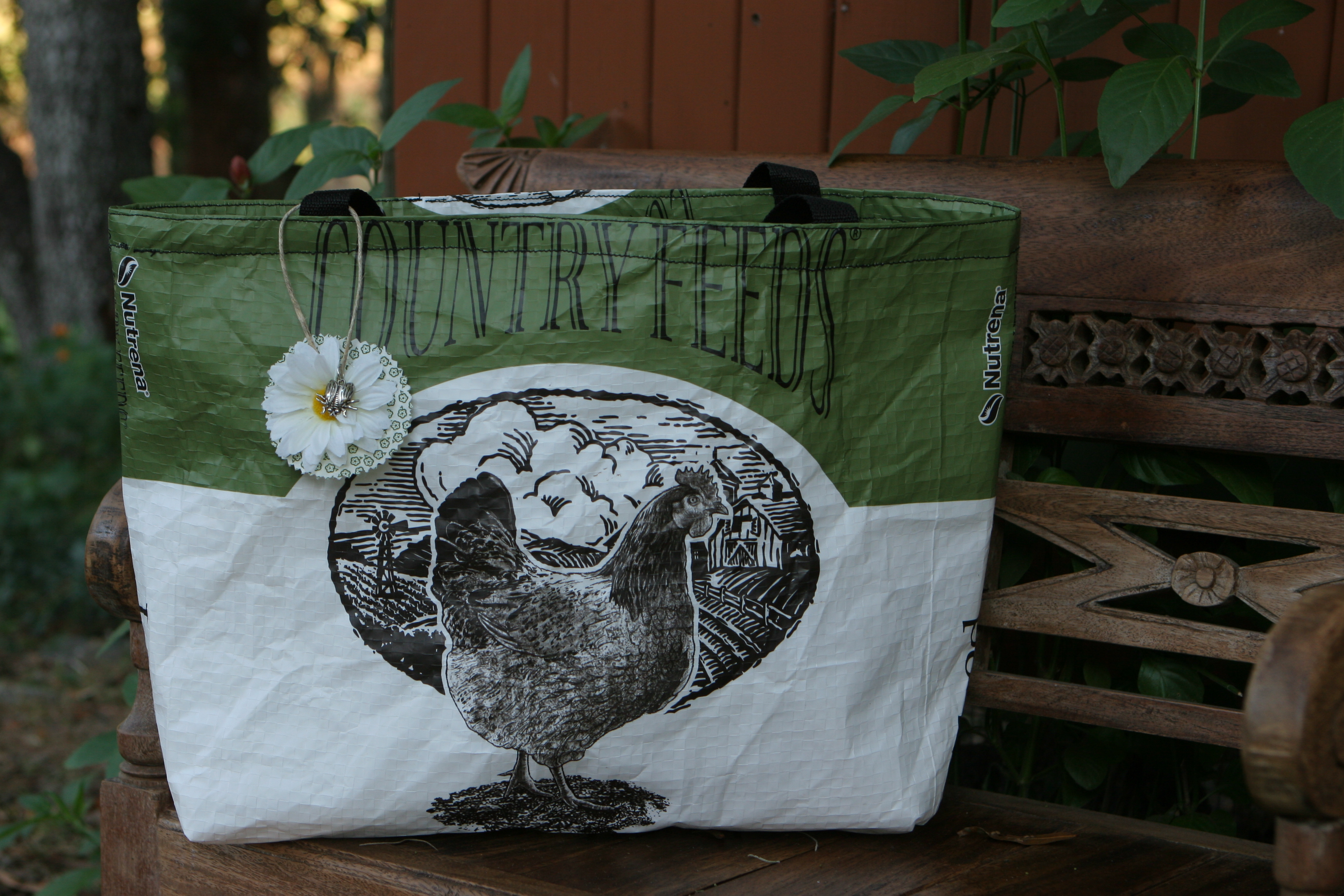 living off the land and making a tote bag from feed sacks